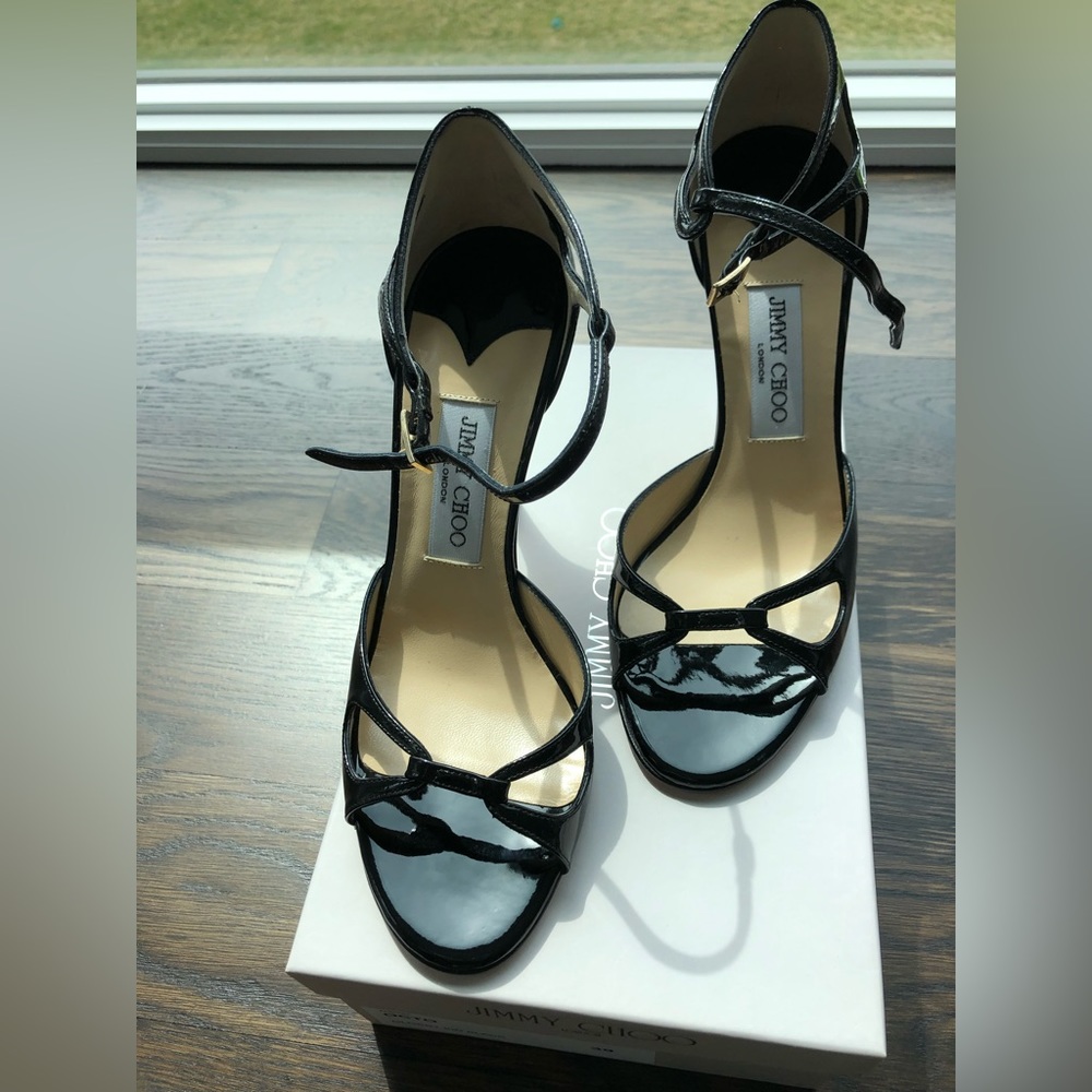 Jimmy Choo Black Patent Strappy Sandals Italian size 39 or US Size 9